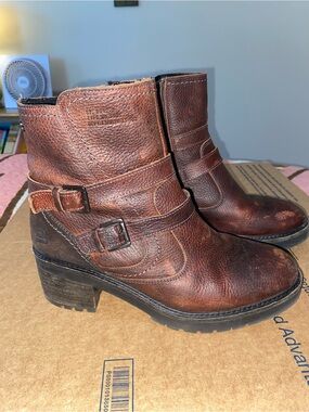 Women's Distressed Brown Leather Buckled Ankle Boots